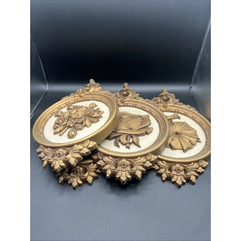 Set‎ Of 4 VTG 70's Dart Syroco Gold Plastic Floral Design Old Hollywood Wall Art